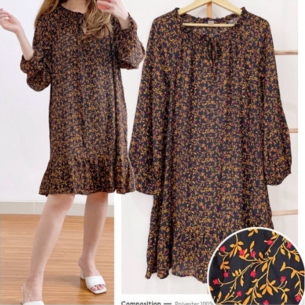 Old Navy Ruffled Georgette Swing Dress Floral Black Orange Red Size XS